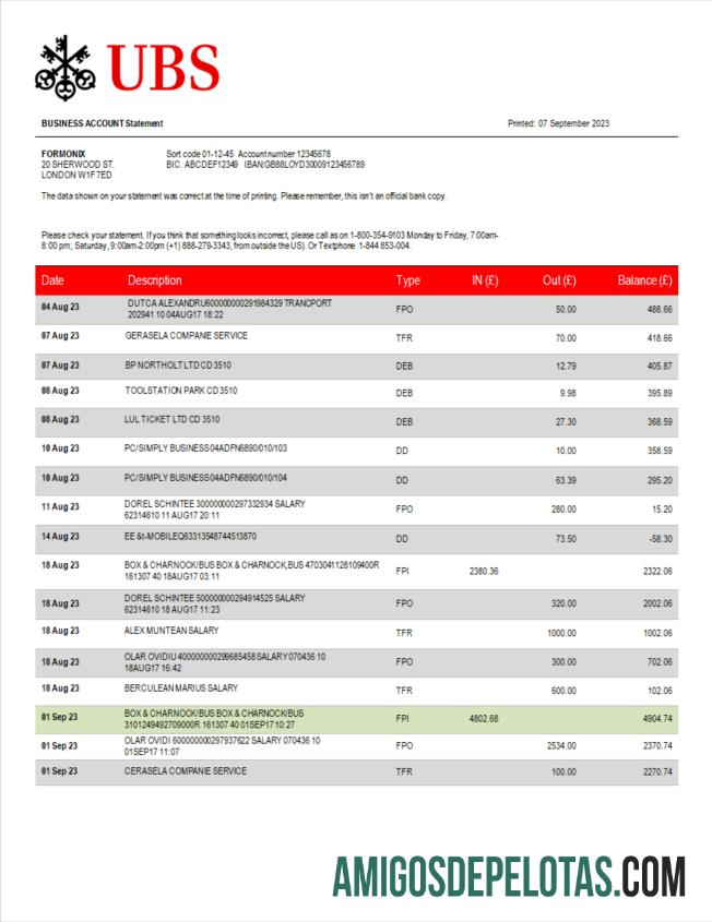 Baixável UBS Bank Corporate Checking modelo de extrato de conta Word e PDF